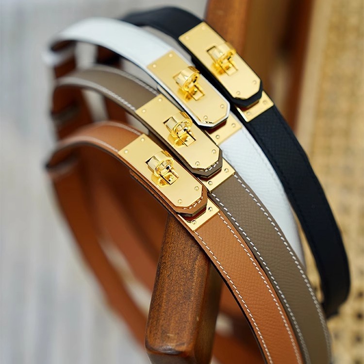 Genuine Leather Women's Belt Epsom/Swift Calfskin Women's Adjustable Punch-Free Kelly Belt with Elegant and Versatile