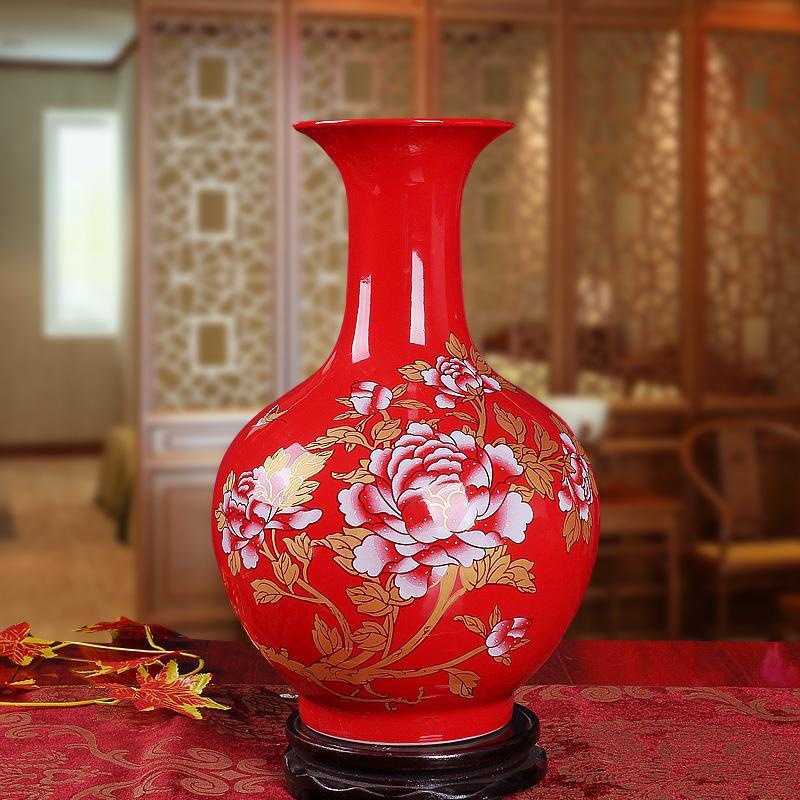 景德镇陶瓷器 中国红牡丹落地大花瓶 客厅摆件家居装饰品结婚礼