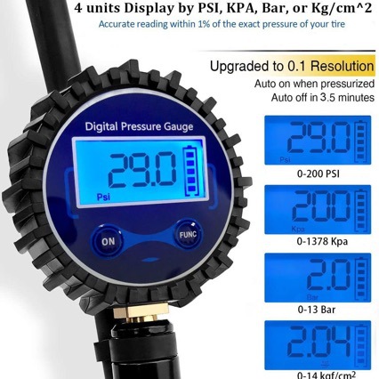 Digital tire pressure gauge, tire pressure meter, pressure measuring gauge, quick inflation gauge, large display for easy and accurate readings, copper quick clamp, light