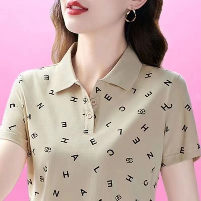 New cross-border style summer T-shirt for mothers, short-sleeved, plus-size, polo collar, fashionable and stylish top.