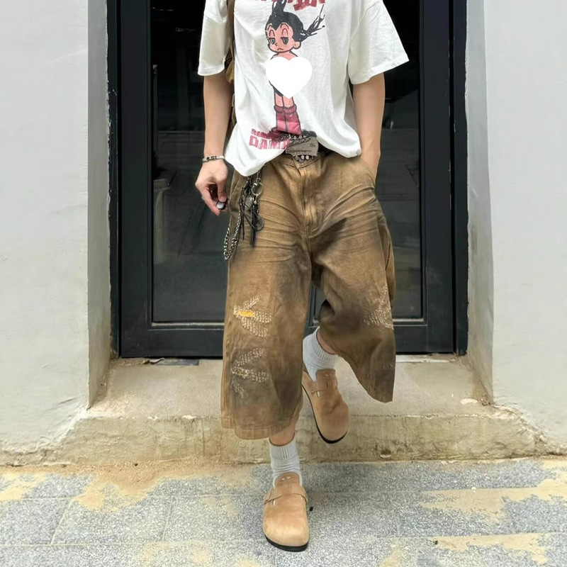 Khaki Cropped Pants for Men 2025 Summer New Style Washed and Distressed Niche Design Straight Loose Denim Shorts
