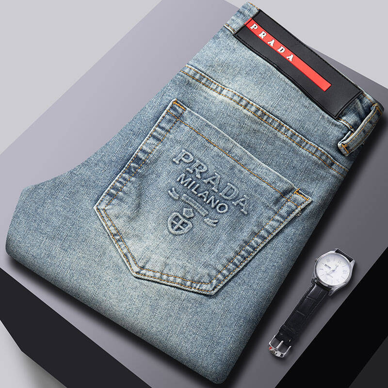2025 New High-End Men's Jeans Spring and Summer Elastic Slim Straight Brand European Embossed Trendy Pants