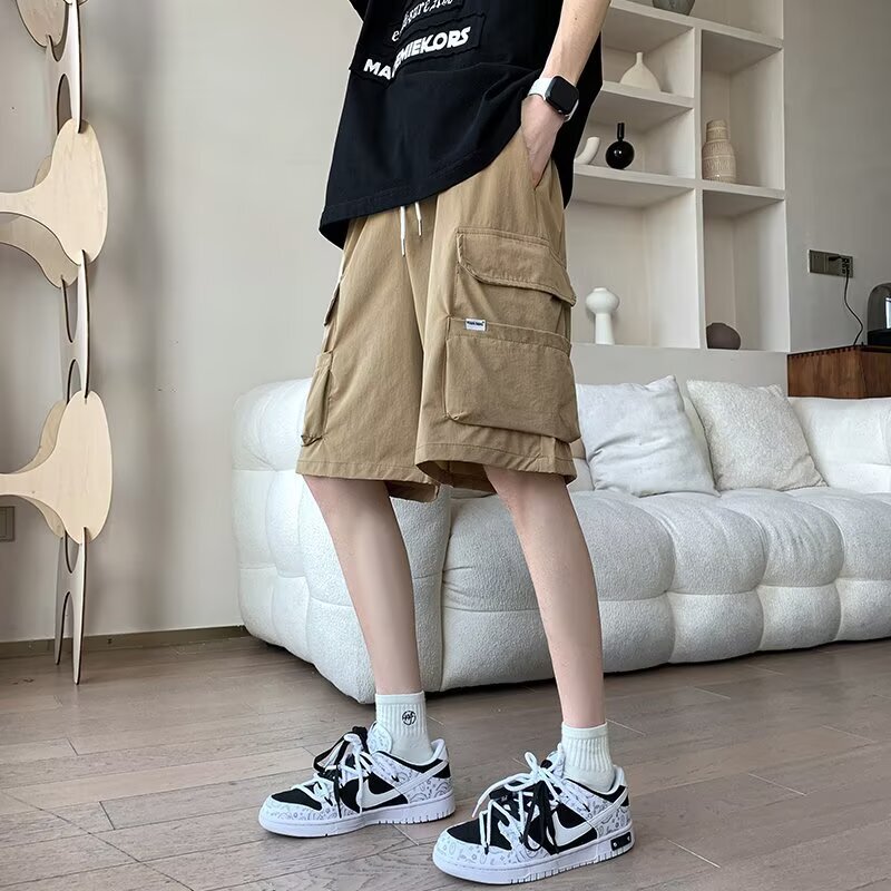 Casual Work Shorts for Men, Summer Trendy Brand, Multi-Pocket Five-Point Pants, Hong Kong Style Sports Wide-Leg Mid-Length Shorts for Men