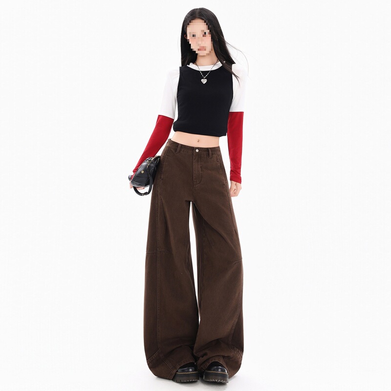 Brown Curved Hem Jeans for Women 2026 Spring/Summer New Low-Waist Loose Slimming Casual Straight Wide-Leg Floor-Length Pants
