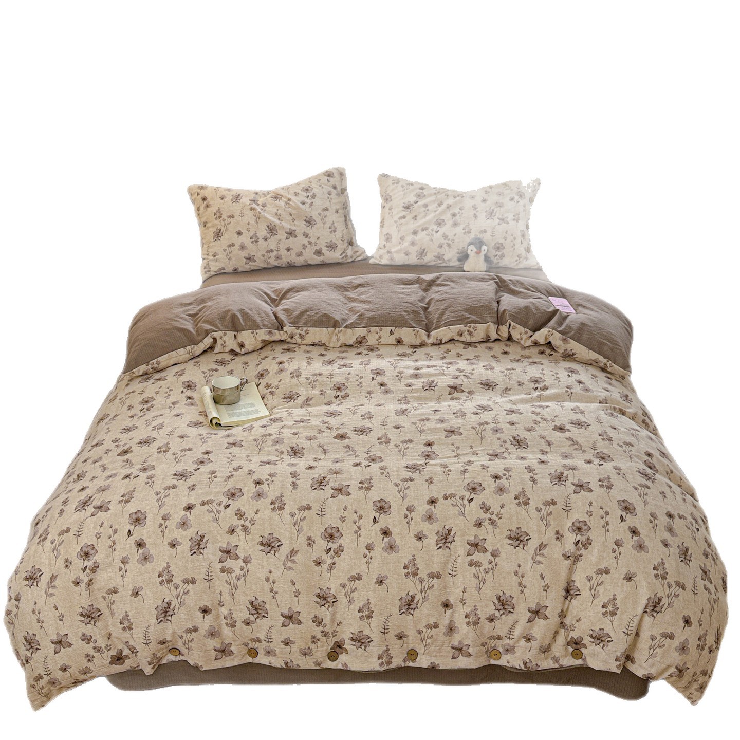 Classe A algodón bruto lino de cuatro piezas retrógrado botones de flores sábanas de algodón cubierta de cama de tres piezas conjunto de ropa de cama