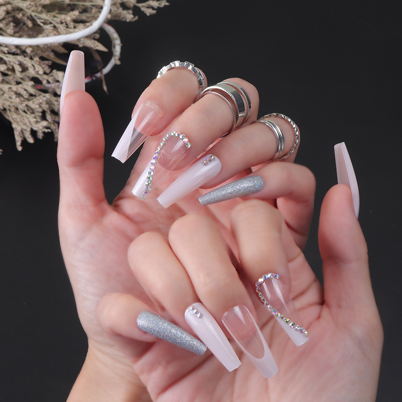 Transparent long ballet nail beveled silver onion pink white folding seamless point diamond wearable manicure European and American cross-border exclusive