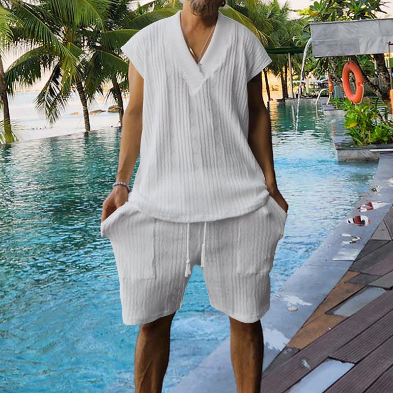Men's Summer Jacquard Knit Short Sleeve Shirt And Shorts Set, Comfortable Casual Lounge Wear_viptrois.com