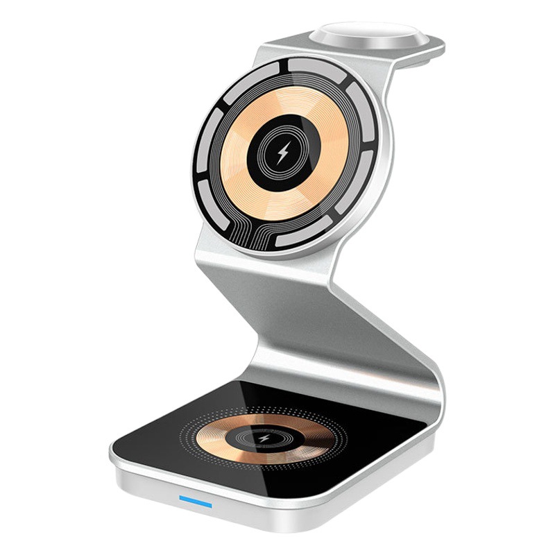 Nuevo soporte vertical transparente magnético 15w del teléfono móvil de la aleación de aluminio del cargador inalámbrico tres-en-uno popular ayuna carga