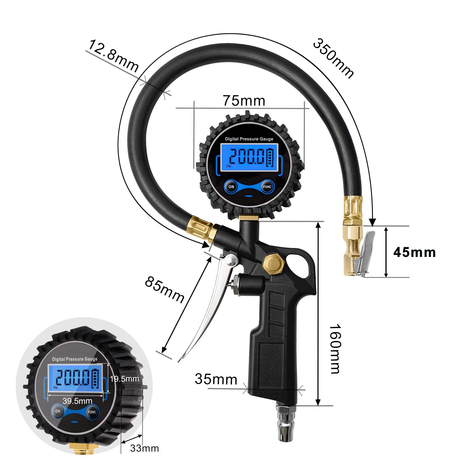 Electronic Digital Tire Pressure Gun, Blue Display, European Standard, Aluminum Alloy Model, High-Precision Tire Pressure Measurement
