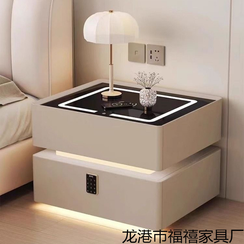 Mesa de cama crema inteligente dormitorio madera maciza carga inalámbrica ligera de lujo alta mesa de cama de tabla de roca flotante mesa de cabecera