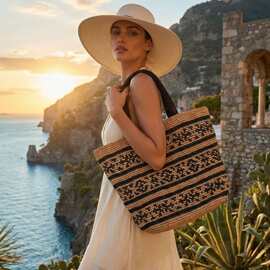 日系法式黑色拼接编织手提包度假沙滩手工编织拉菲草编包女夏出游