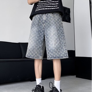 Starry Sky Pattern Denim Shorts Men's Summer Thin American High Street Pants Tall Retro Mid-Length Pants 5-Point Breeches