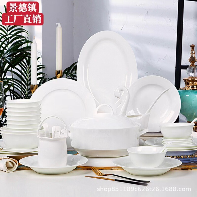 Jingdezhen Bowl and Dish suit Household Simple High Temperature Pure White Underglaze Color Bone China Tableware Bowl and Dish Chopsticks and Dish Housewarming Gift