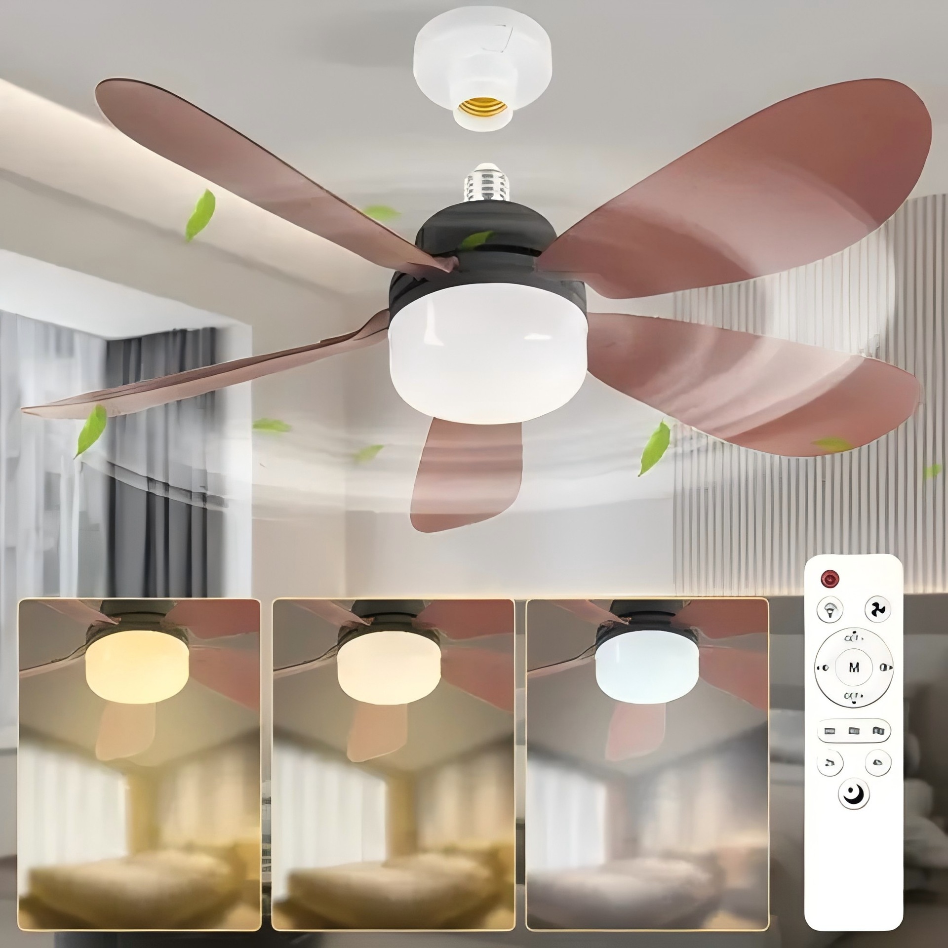 Ventilador de Techo con Luz E27 de ABS Silencioso para Comedor y Dormitorio