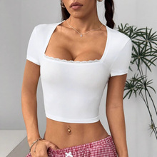 E2-73322#欧美跨境蕾丝拼接短袖露脐上衣女装夏季修身短款方领T恤