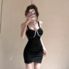 Elastic pleated tight fitting buttock strap bottom vest dress