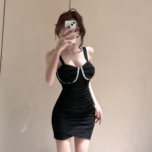 Elastic pleated tight fitting buttock strap bottom vest dress