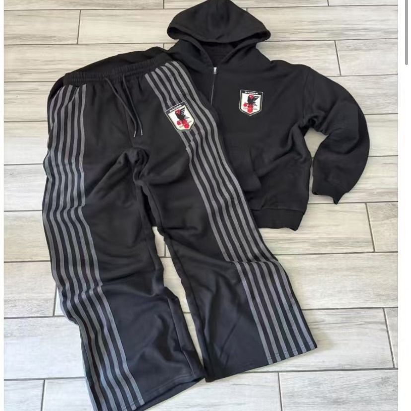 Transfronterizos algodón bordado insignia pantalones a rayas cremallera con chaqueta con capuz suelta traje deportivo casual estilo deportivo