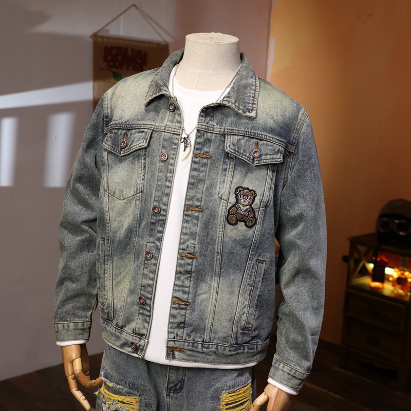 Bear Tide bordado chaqueta de vaquero hombre otoño invierno nuevo suelto con solapa casuales chaqueta de locomotora