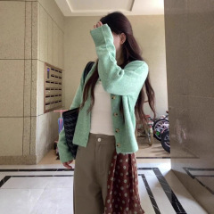 2025新款早秋季绿色软糯针织衫上衣女韩系宽松慵懒风毛衣开衫外套