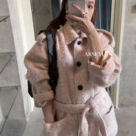 AKskylan 粉色中长款羊毛大衣女秋冬韩系甜美减龄毛呢外套女85599