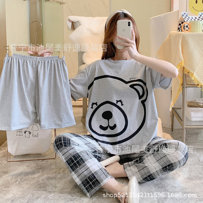 Pajamasクロスボーダー外国貿易工場卸売パジャマ女性半袖ショートパンツ長ズボン三点セット漫画ホームスーツ|undefined