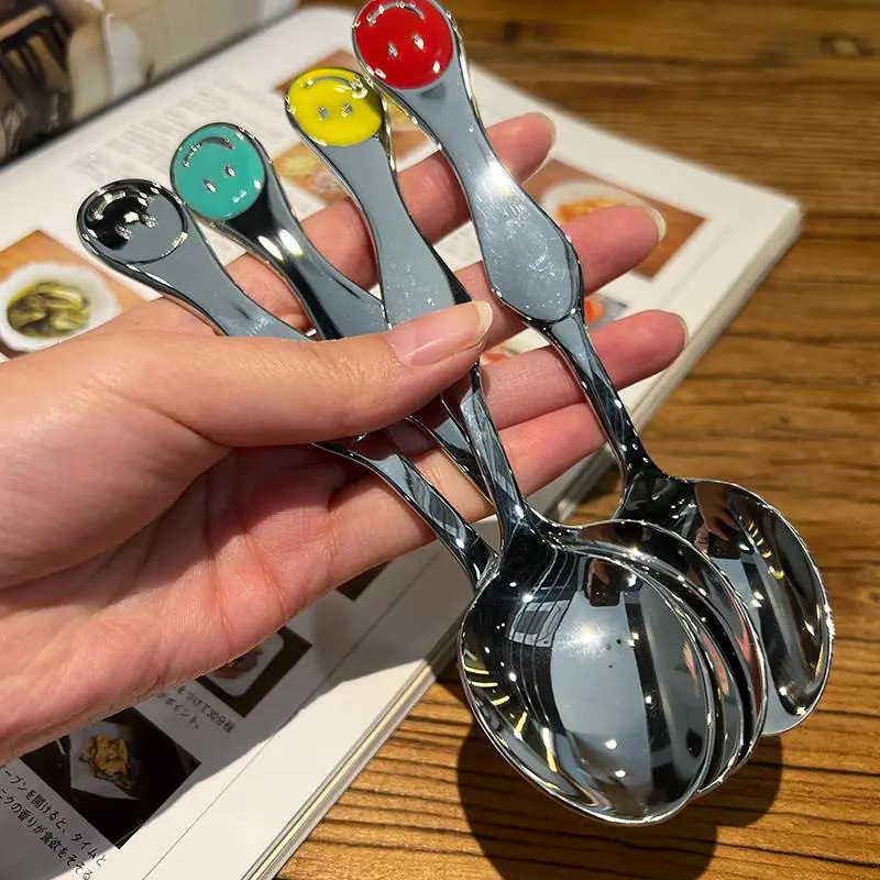 Directly From The Manufacturer, Stainless Steel Compact And Exquisite Dessert Spoon, Mirror-polished, Smiley Face Coffee_voghion.com
