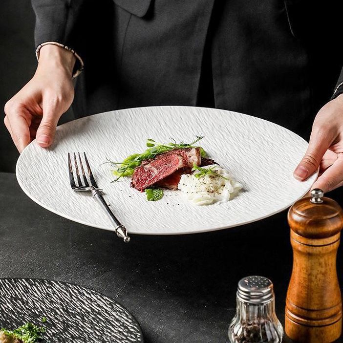 Western-Style Steak Dinner Creative Round Plate High-End Tableware Pasta Japanese-Style Plate Shallow Plate Steak Household Dish Plate Pp Material