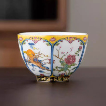 珐琅彩主人杯茶杯家用单杯陶瓷品茗杯功夫茶具茶盏中式复古六方杯