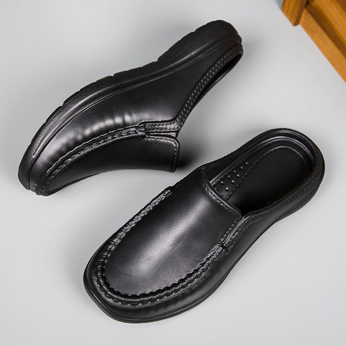 New EVA toe-cap half-slippers for men—casual leather shoes, oil-resistant and non-slip, chef’s shoes, slip-on loafers, driving shoes.