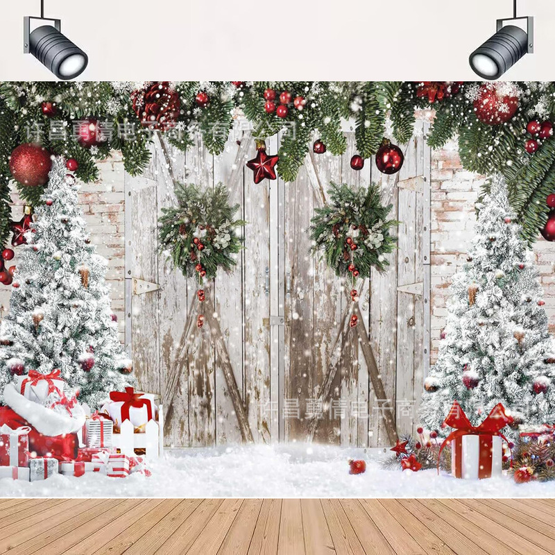 Cross-border New Winter White Barn Door Photography Background Cloth Christmas Party Decoration Props Banner Hanging Cloth