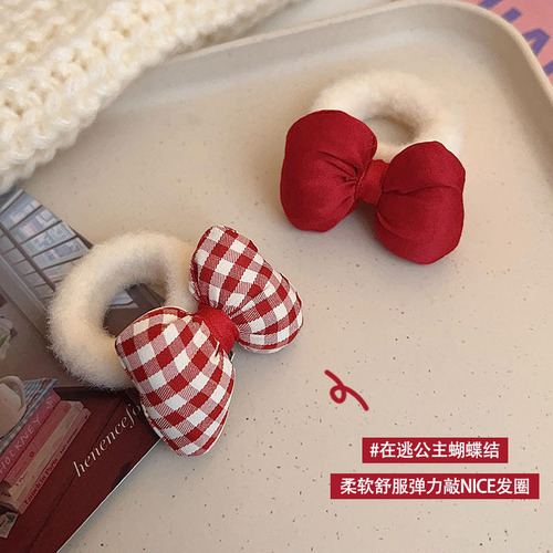 Sweet Girl Red Checkered Bow Hair Ties for Girls Fluffy Headbands Hair Ties for Braiding Ponytail Hair Accessories