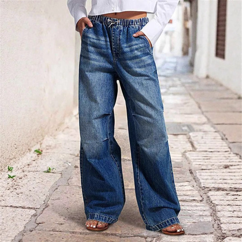 Spring European and American Street Mid-Waist Wide Leg Pleated Loose Women's Retro Straight Leg Pants Trend Brand