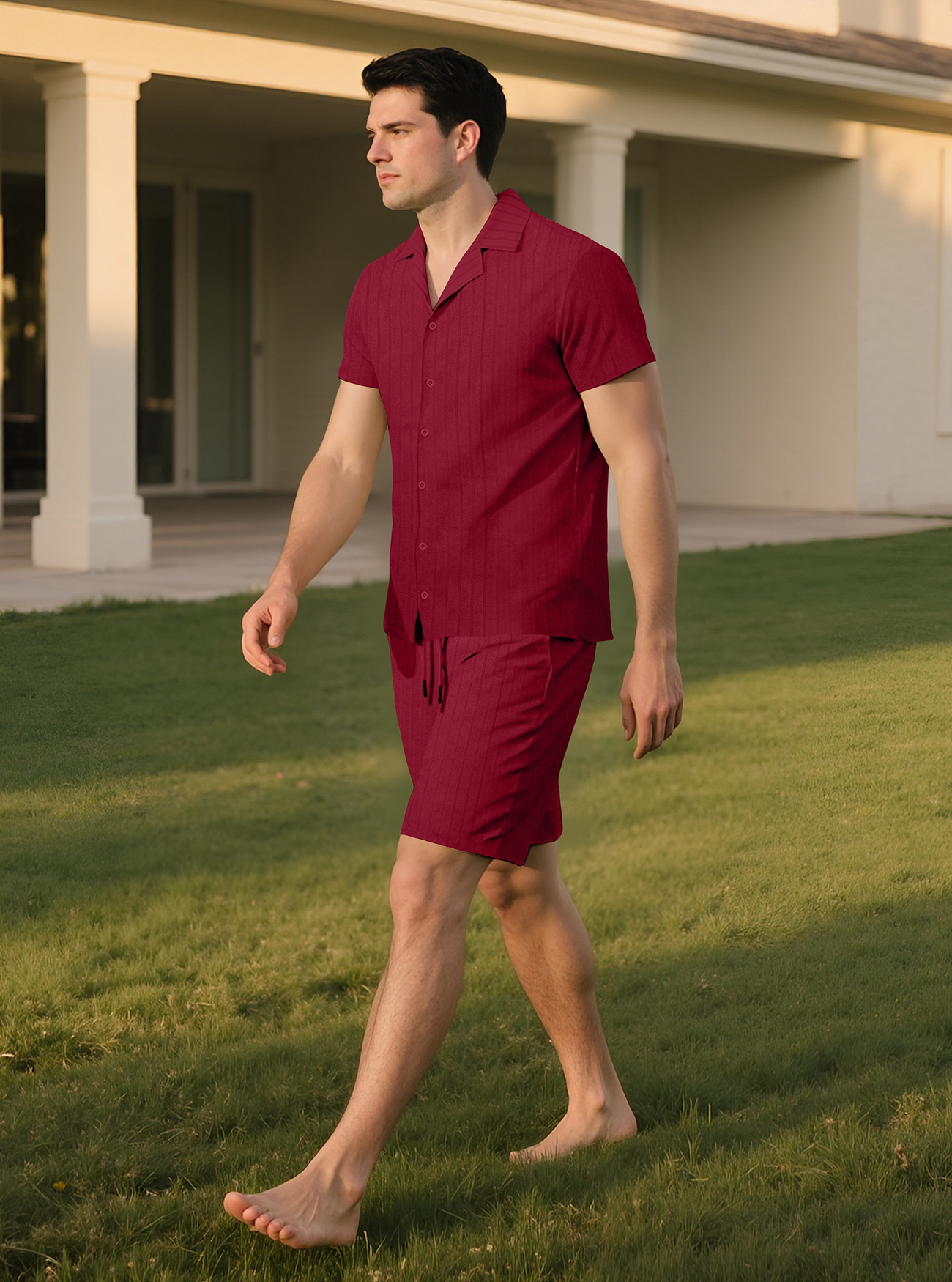Herren Set Aus Einfarbigem Freizeithemd Und Shorts Für Den Sommer_voghion.com