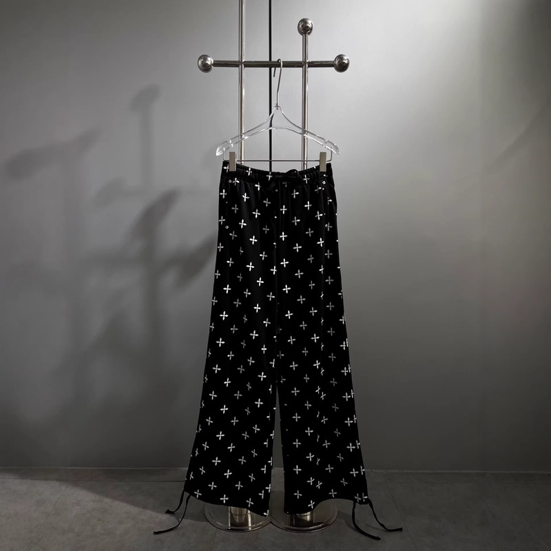 High-Quality Smfk Black Garden Wide-Leg Sports Pants with Drawstring, Loose Fit, Full Cross-Pattern Print, Casual Sweatpants