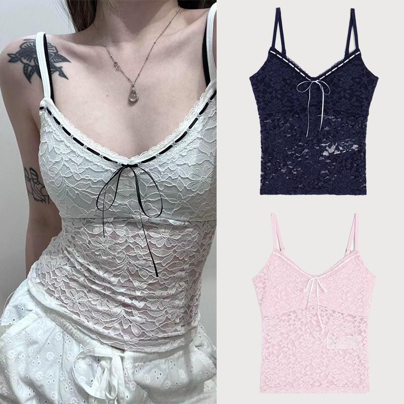 Small Seagull 2025 Spring and Summer New Spice Girl Sweet Lace Bow Lace Inner Camisole Vest for Women