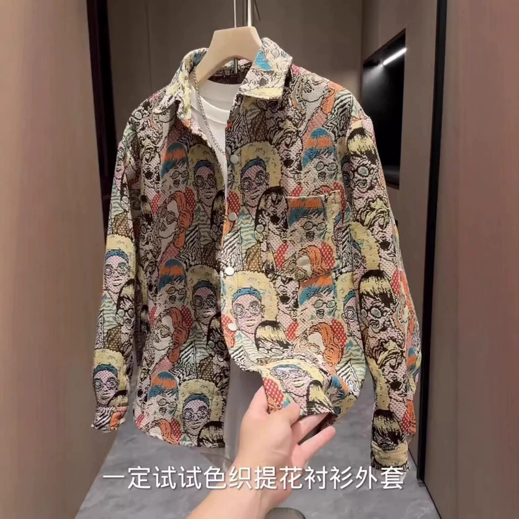 Осенняя трикотажная жаккардовая куртка с отворотами для мужчин корейская версия повседневная раскрашенная граффити рубашка молодежная красавица модная куртка