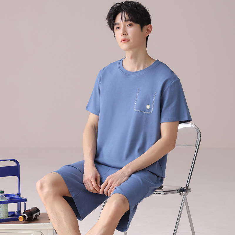 여름철 청소년 학생들을 위한 편안한 면 반팔 반바지 기숙사 잠옷, 남성용 라운드넥 풀오버, 외출복으로도 착용 가능한 홈웨어