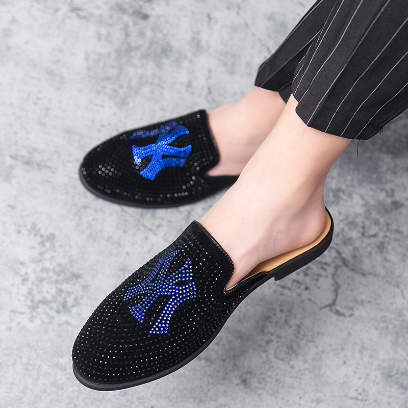 Summer breathable color diamond sparkling semi-drag leather shoes for men, lazy lightweight stylish moccasins, high-end driving casual leather shoes