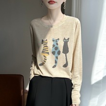 跨境2025年秋季新品猫咪卡通天丝针织衫长袖T恤宽松套头打底外穿