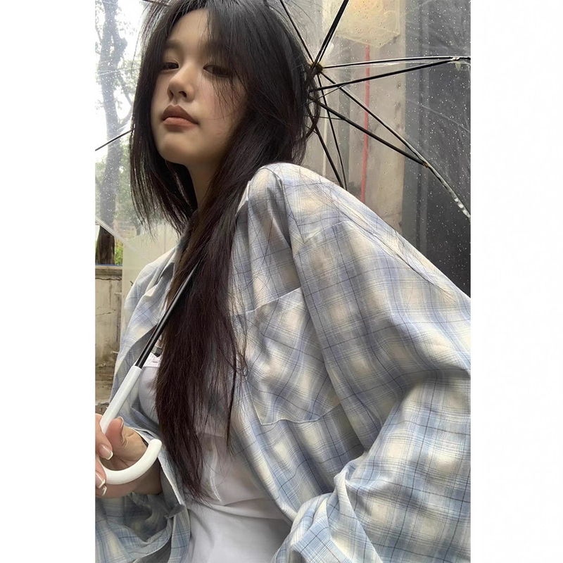Long-Sleeved Gray Plaid Shirt, Loose Casual Spring and Autumn Polo Collar Top, Women's French-Style Beautiful Top