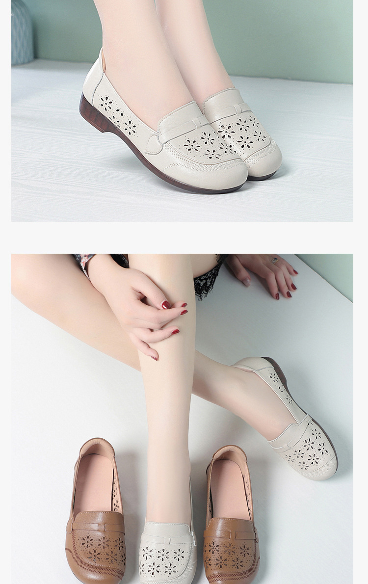 Giày sandal nữ da thật đế bệt quai chữ V thoáng khí — màu be chi tiết 15