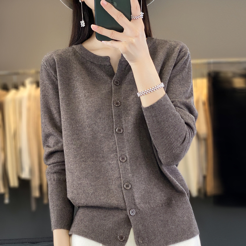 Simple elegant solid color basic shoulder all-match long-sleeved sweater cardigan coat wool round neck sweater outer wear