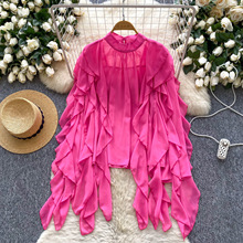 欧美时尚百搭荷叶边拼接雪纺衬衫女2025秋季薄款宽松显瘦休闲上衣