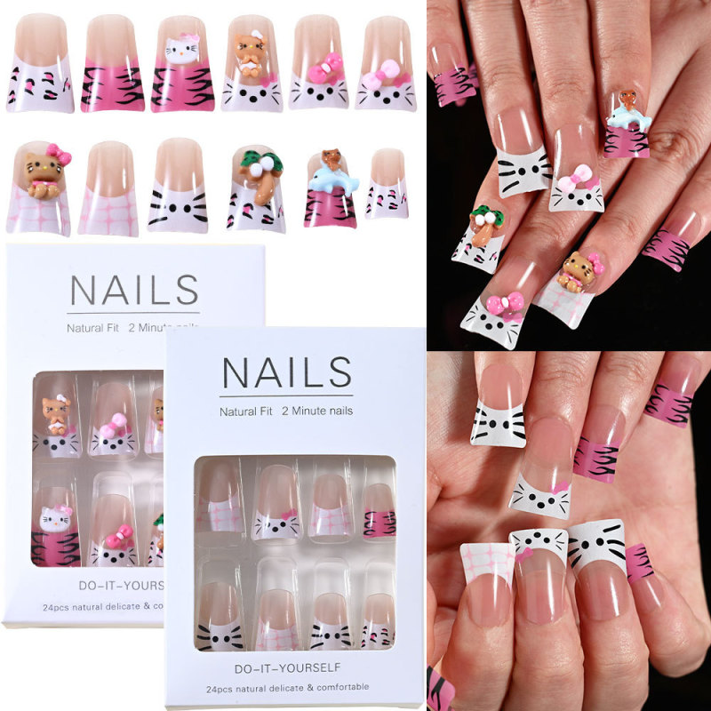 Cross-border 24 pieces of duckbill nail nail pieces cute cartoon KT cat bow black skin Hello Kitty fake nails wholesale