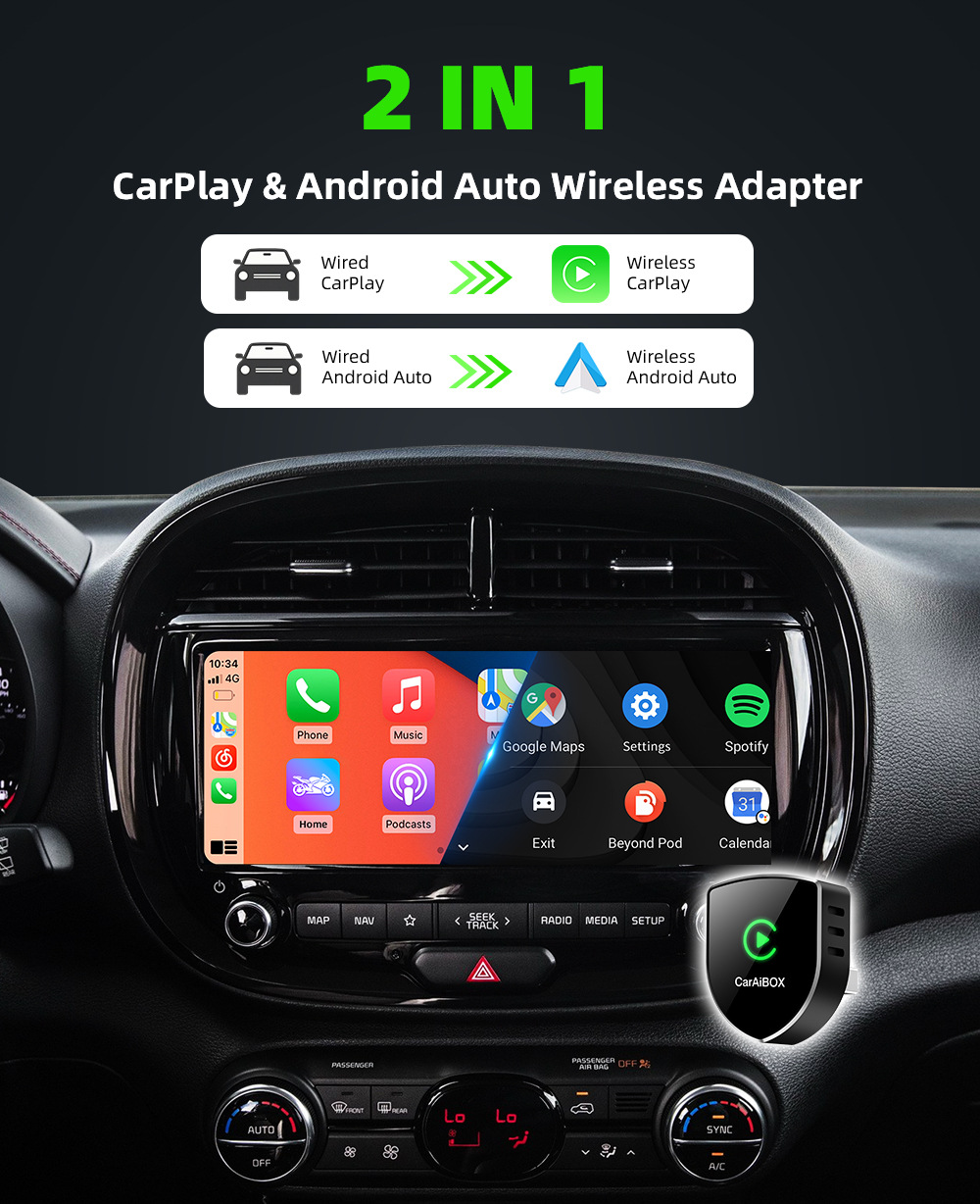 Original car wired to wireless CarPlay Android Auto 2-in-1 smart car connectivity adapter