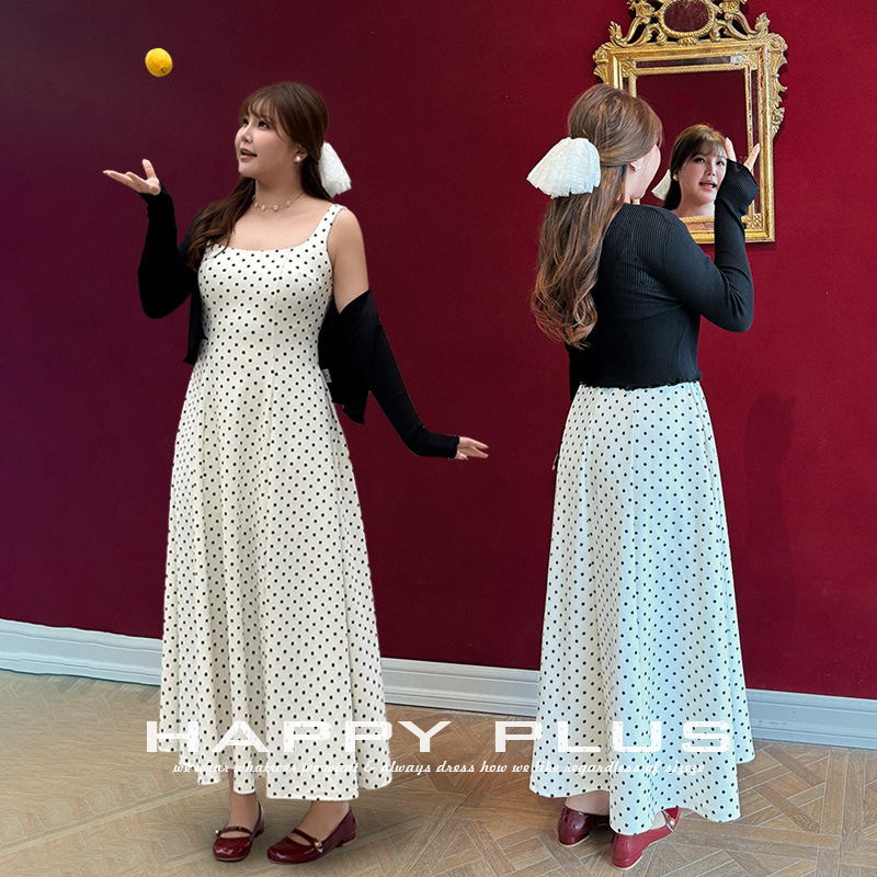 Runqi Plus Size Hot Girl Sleeveless Polka Dot Long Dress 9506 French Square Neck Polka Dot Knit Waist-Cinching Strap Dress Runqi Plus Size Hot Girl Sleeveless Polka Dot Long Dress 9506 French Square Neck Polka Dot Knit Waist-Cinching Strap Dress