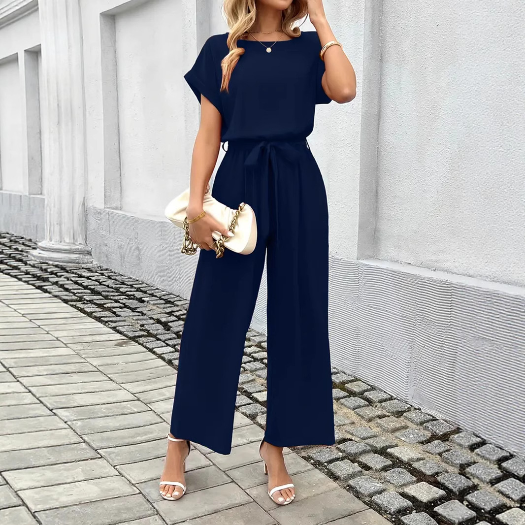 Europe and the United States cross-border foreign trade women's Amazon new ladies temperament commuter solid color wide-leg straight jumpsuit