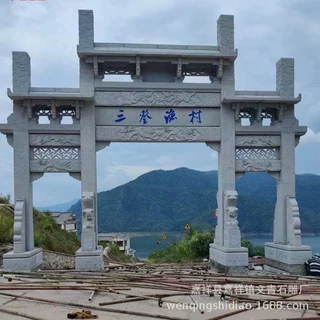 定制三门三楼新中式景观石牌坊花岗岩铆榫石雕牌坊价格实惠