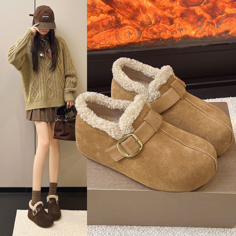 自拍图2025冬季爆款时尚皮带扣加厚保暖厚底坡跟松糕跟棉鞋女